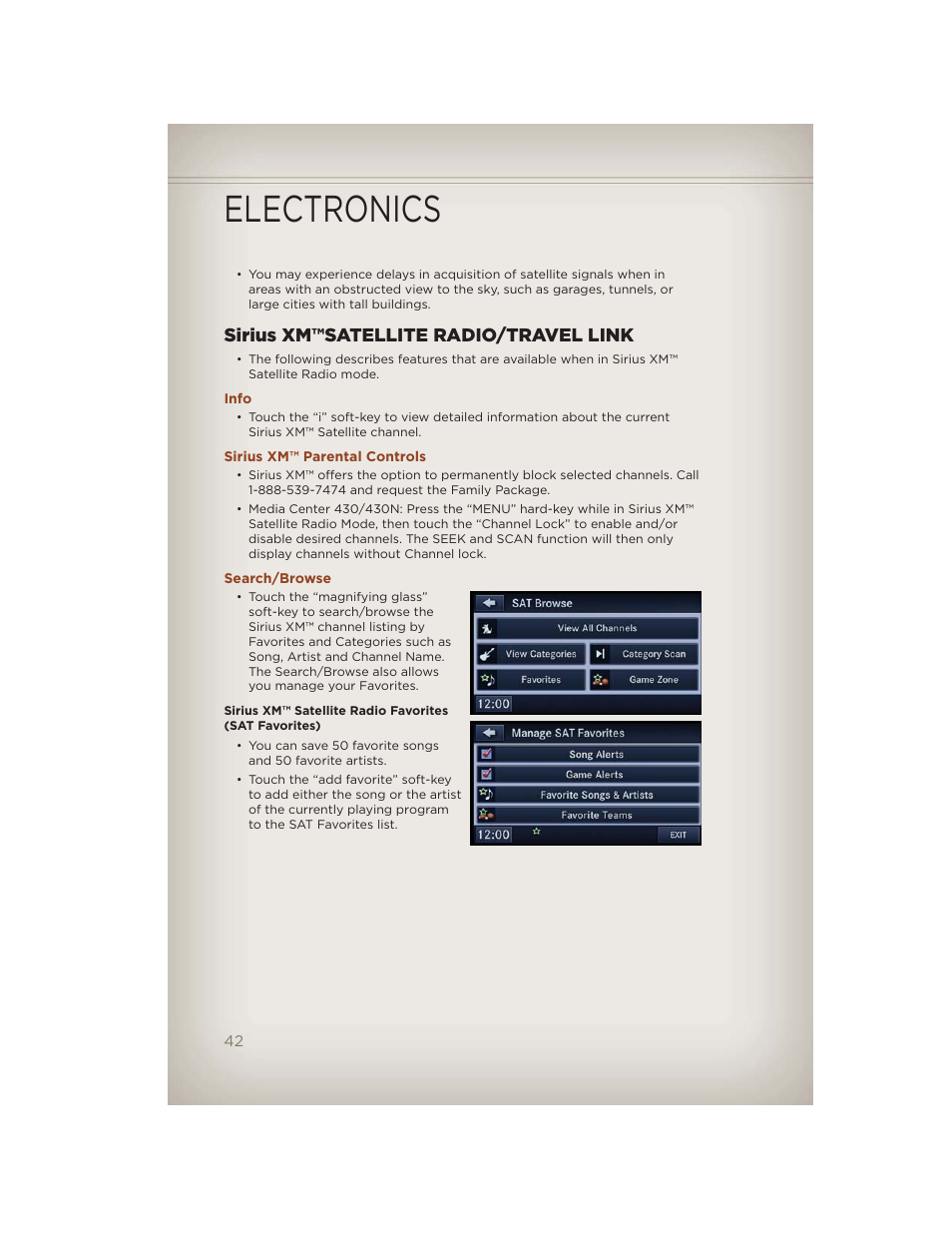 Sirius xm™satellite radio/travel link, Info, Sirius xm™ parental controls | Search/browse, Electronics | Jeep 2012 Compass - User Guide User Manual | Page 44 / 108