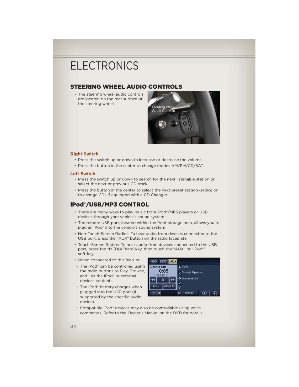 Steering wheel audio controls, Right switch, Left switch | Ipod®/usb/mp3 control, Electronics | Jeep 2012 Compass - User Guide User Manual | Page 48 / 108