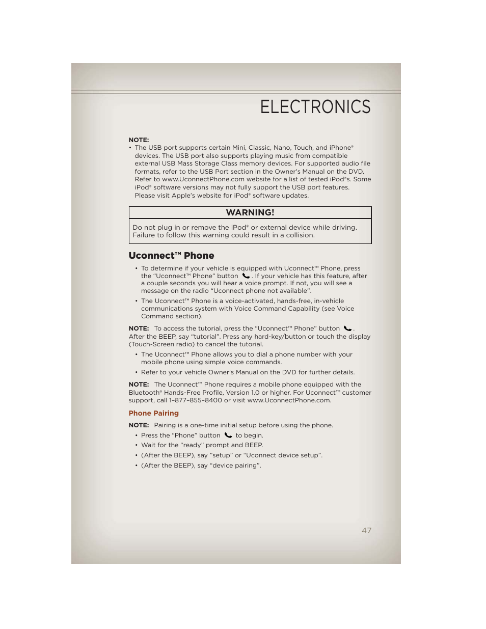 Uconnect™ phone, Phone pairing, Electronics | Warning | Jeep 2012 Compass - User Guide User Manual | Page 49 / 108