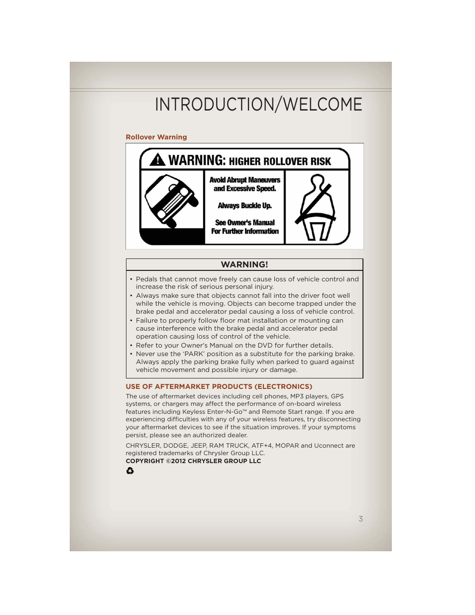 Rollover warning, Use of aftermarket products (electronics), Introduction/welcome | Jeep 2012 Compass - User Guide User Manual | Page 5 / 108