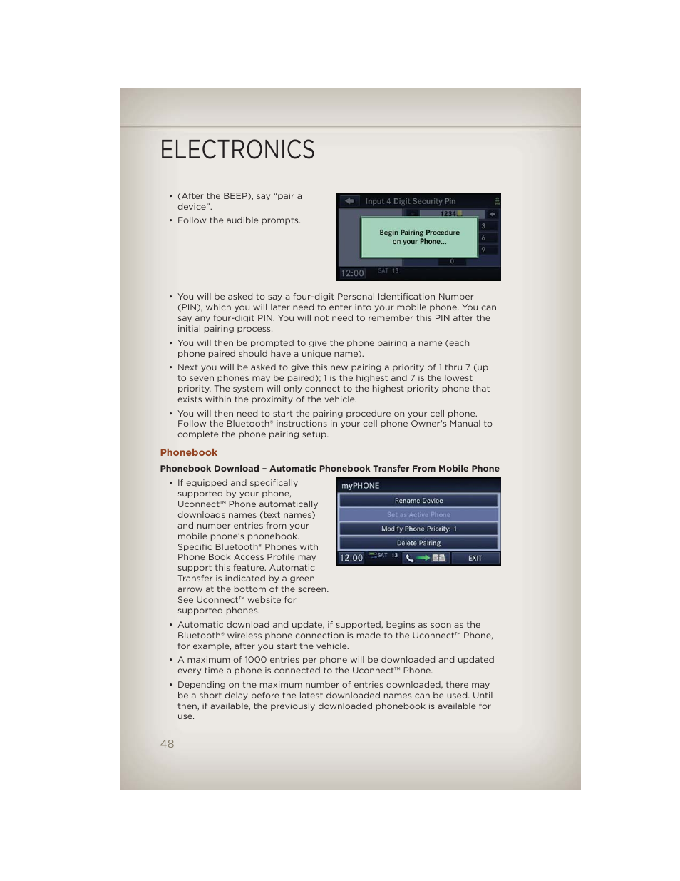 Phonebook, Electronics | Jeep 2012 Compass - User Guide User Manual | Page 50 / 108