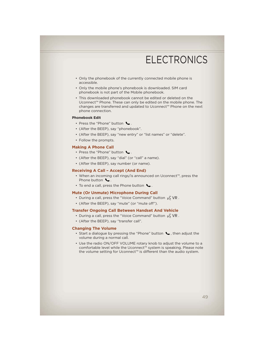 Making a phone call, Receiving a call – accept (and end), Mute (or unmute) microphone during call | Transfer ongoing call between handset and vehicle, Changing the volume, Electronics | Jeep 2012 Compass - User Guide User Manual | Page 51 / 108