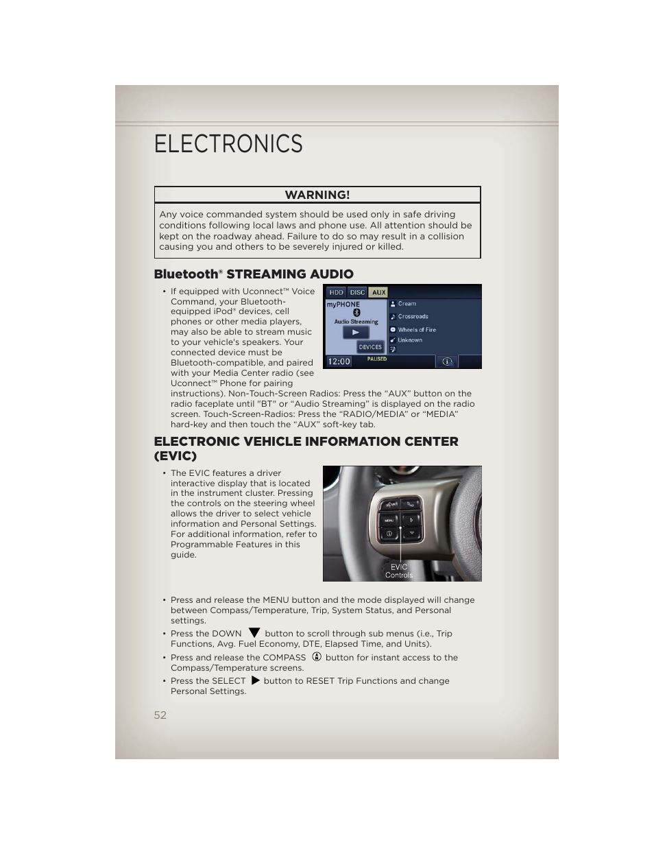 Bluetooth® streaming audio, Electronic vehicle information center (evic), Electronics | Jeep 2012 Compass - User Guide User Manual | Page 54 / 108