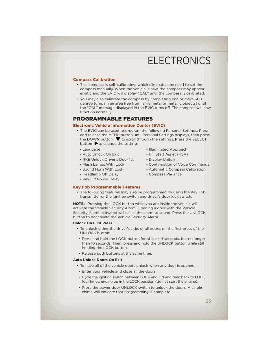 Compass calibration, Programmable features, Electronic vehicle information center (evic) | Key fob programmable features, Electronics | Jeep 2012 Compass - User Guide User Manual | Page 55 / 108