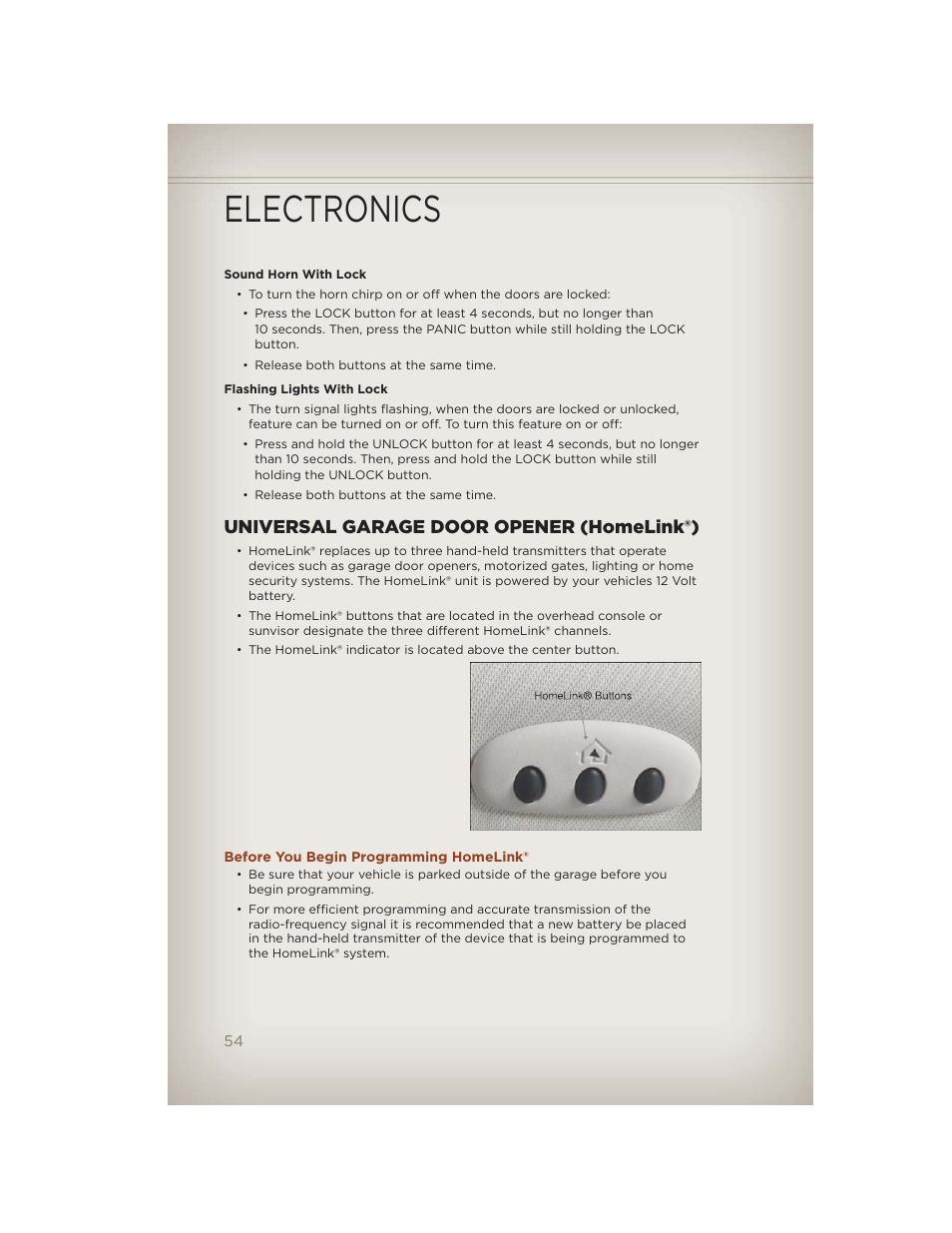 Universal garage door opener (homelink®), Before you begin programming homelink, Electronics | Jeep 2012 Compass - User Guide User Manual | Page 56 / 108