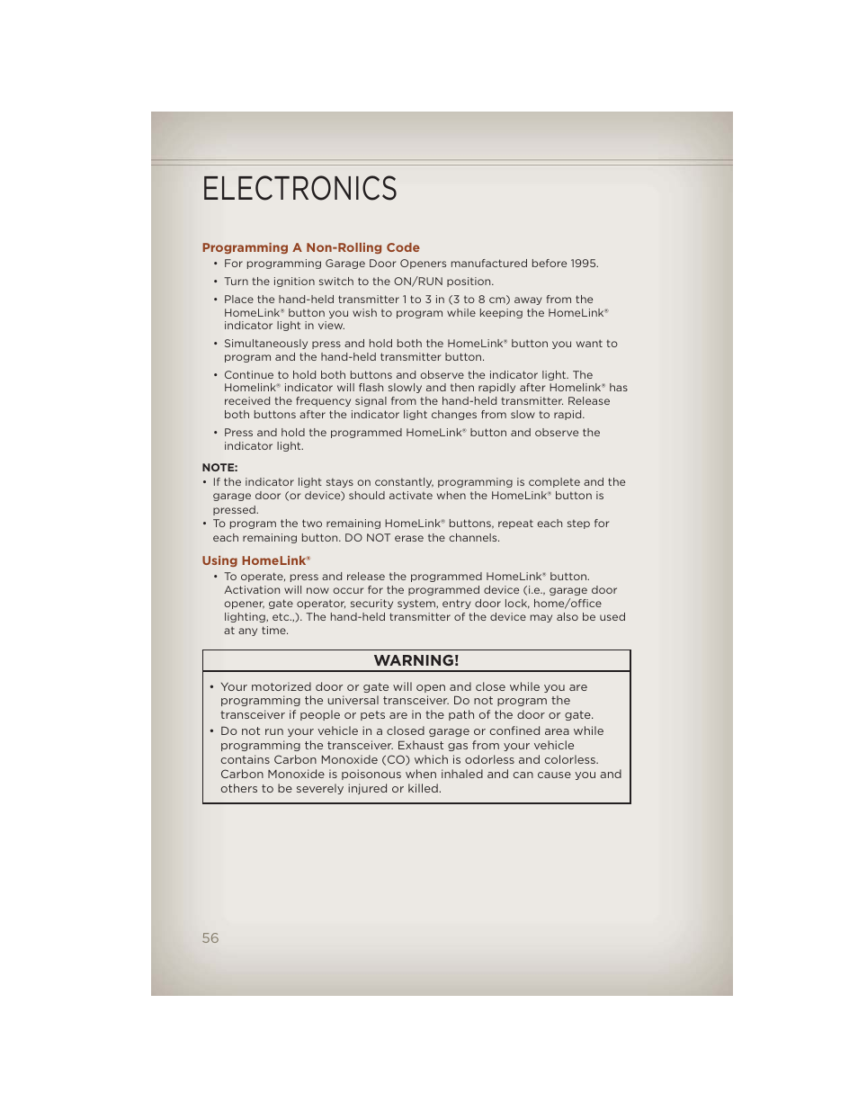 Programming a non-rolling code, Using homelink, Electronics | Jeep 2012 Compass - User Guide User Manual | Page 58 / 108