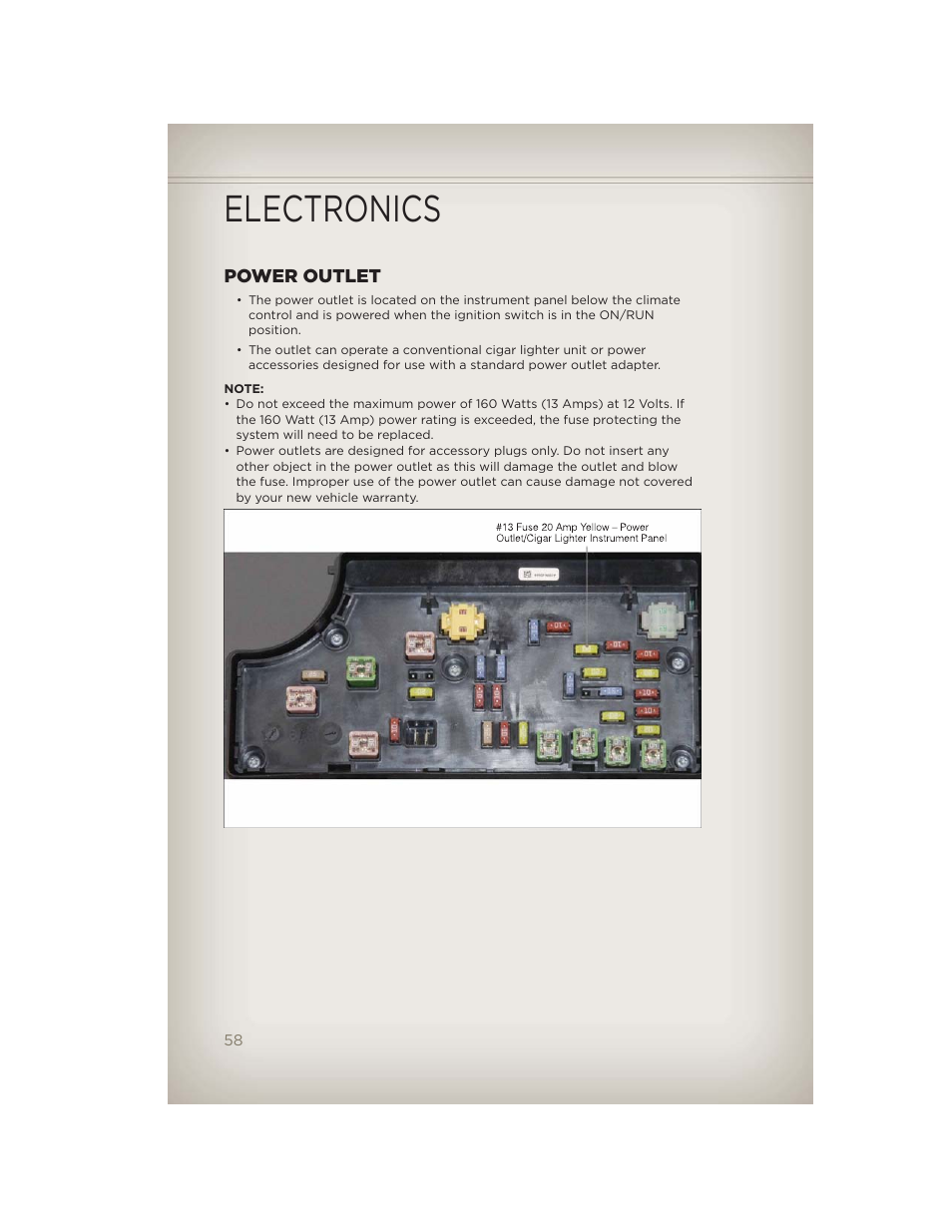 Power outlet, Electronics | Jeep 2012 Compass - User Guide User Manual | Page 60 / 108