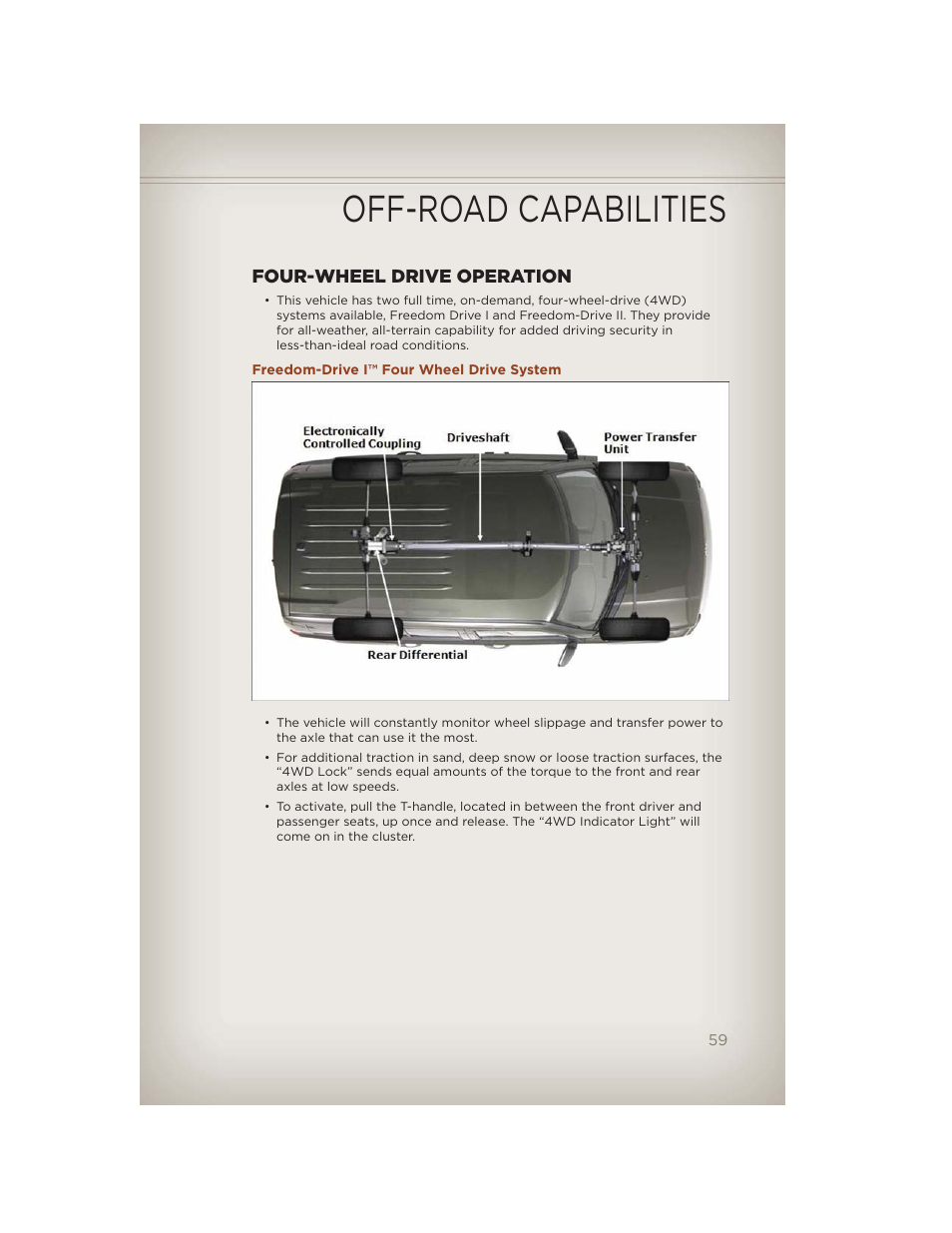 Off-road capabilities, Four-wheel drive operation, Freedom-drive i™ four wheel drive system | Jeep 2012 Compass - User Guide User Manual | Page 61 / 108