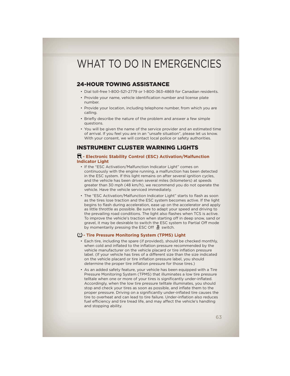 What to do in emergencies, Hour towing assistance, Instrument cluster warning lights | Tire pressure monitoring system (tpms) light | Jeep 2012 Compass - User Guide User Manual | Page 65 / 108