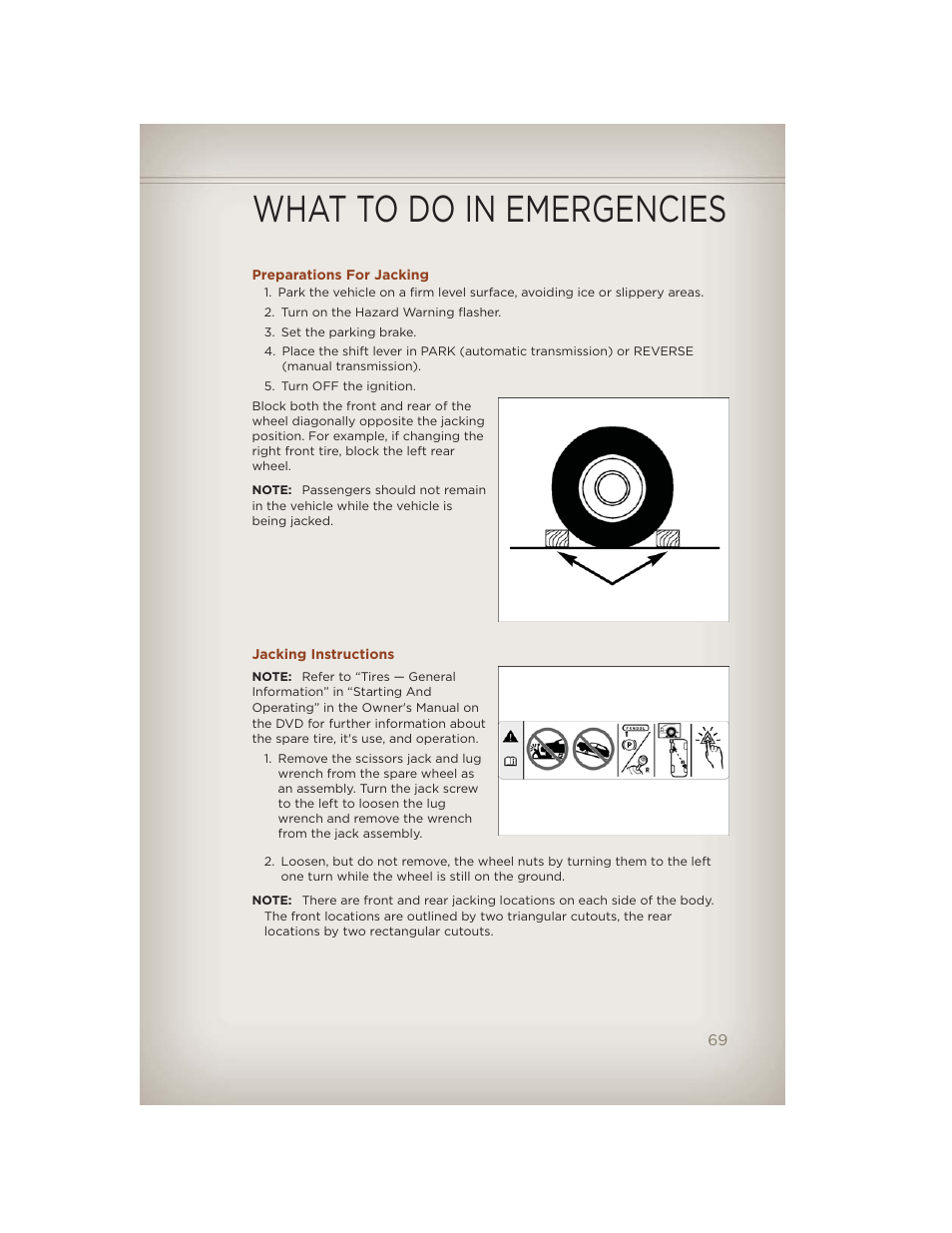 Preparations for jacking, Jacking instructions, What to do in emergencies | Jeep 2012 Compass - User Guide User Manual | Page 71 / 108