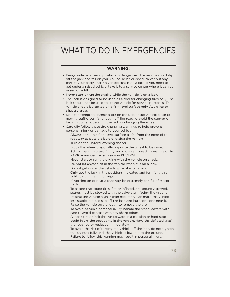 What to do in emergencies | Jeep 2012 Compass - User Guide User Manual | Page 75 / 108