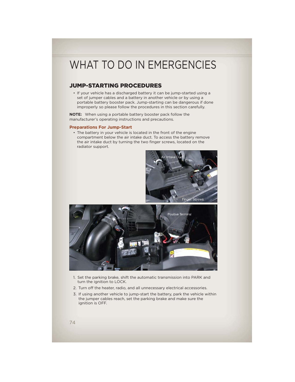 Jump-starting procedures, Preparations for jump-start, What to do in emergencies | Jeep 2012 Compass - User Guide User Manual | Page 76 / 108