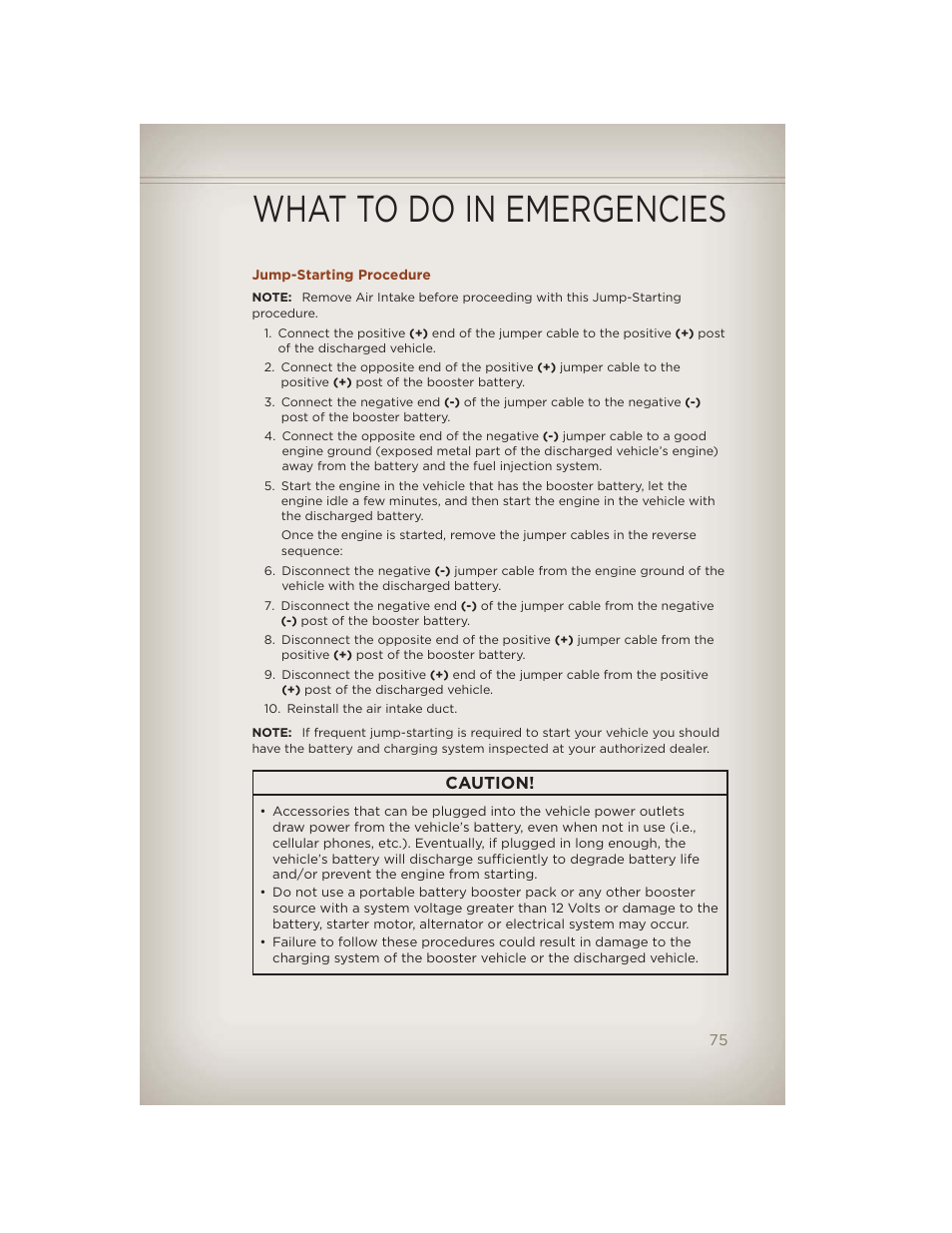 Jump-starting procedure, What to do in emergencies, Caution | Jeep 2012 Compass - User Guide User Manual | Page 77 / 108
