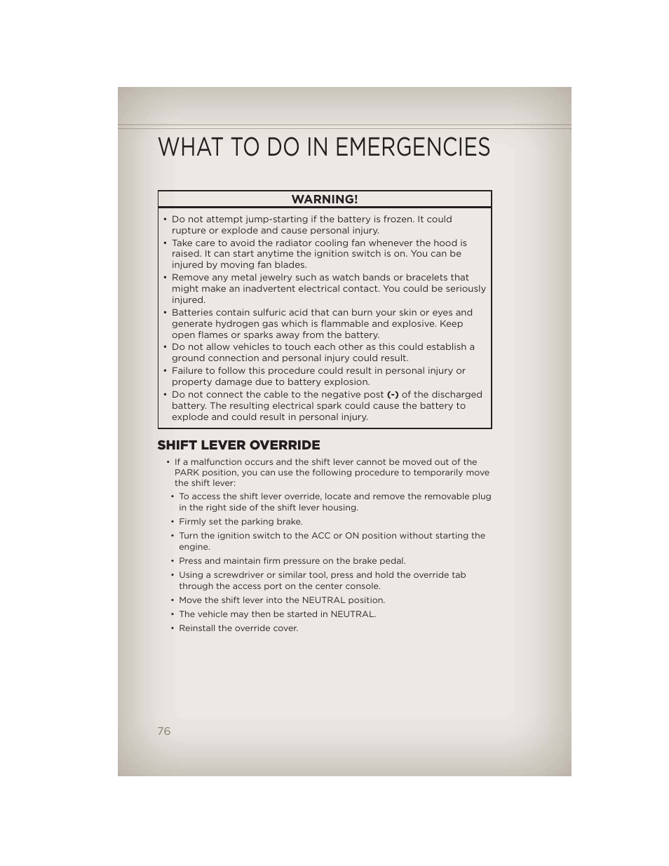Shift lever override, Towing a disabled vehicle, What to do in emergencies | Jeep 2012 Compass - User Guide User Manual | Page 78 / 108