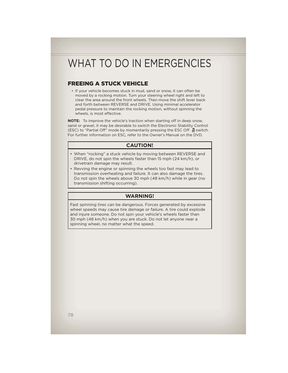 Freeing a stuck vehicle, What to do in emergencies | Jeep 2012 Compass - User Guide User Manual | Page 80 / 108