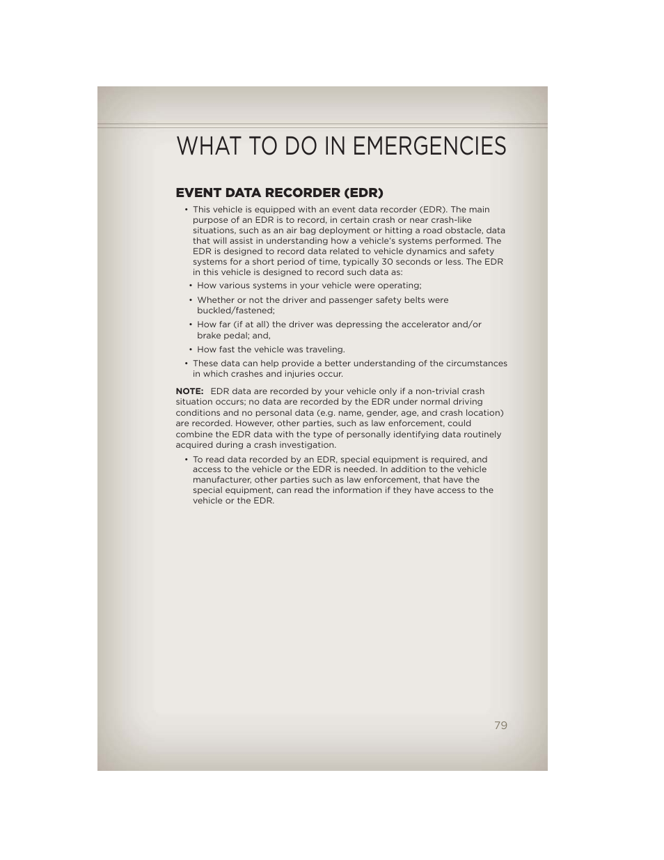 Event data recorder (edr), What to do in emergencies | Jeep 2012 Compass - User Guide User Manual | Page 81 / 108