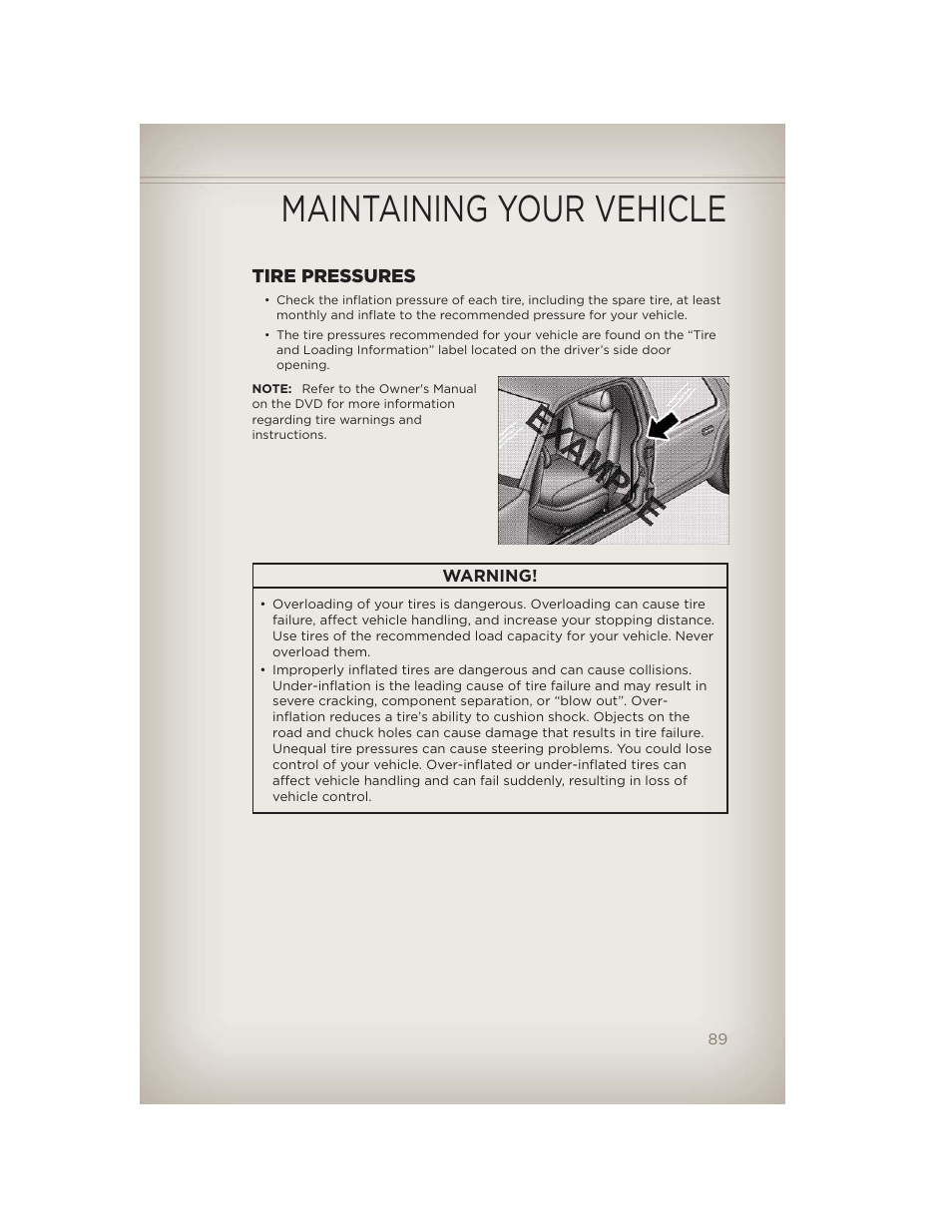 Tire pressures, Maintaining your vehicle | Jeep 2012 Compass - User Guide User Manual | Page 91 / 108