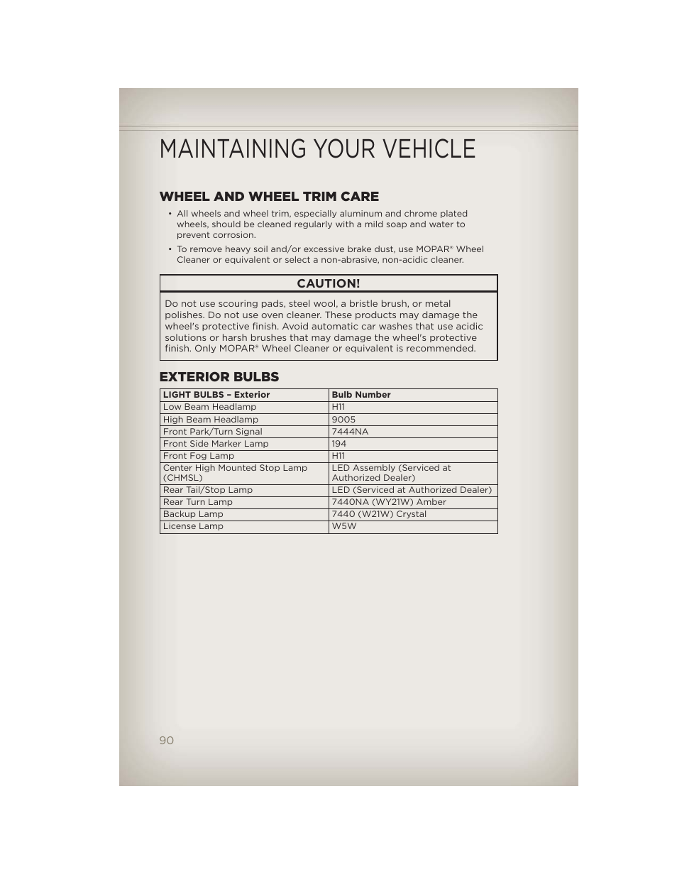 Wheel and wheel trim care, Exterior bulbs, Maintaining your vehicle | Caution | Jeep 2012 Compass - User Guide User Manual | Page 92 / 108