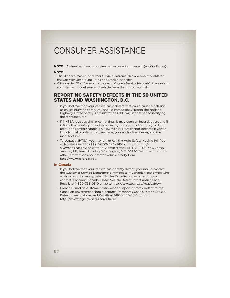 In canada, Consumer assistance | Jeep 2012 Compass - User Guide User Manual | Page 94 / 108