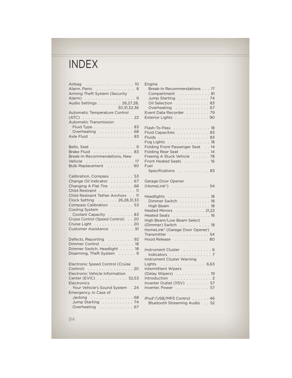 Index | Jeep 2012 Compass - User Guide User Manual | Page 96 / 108