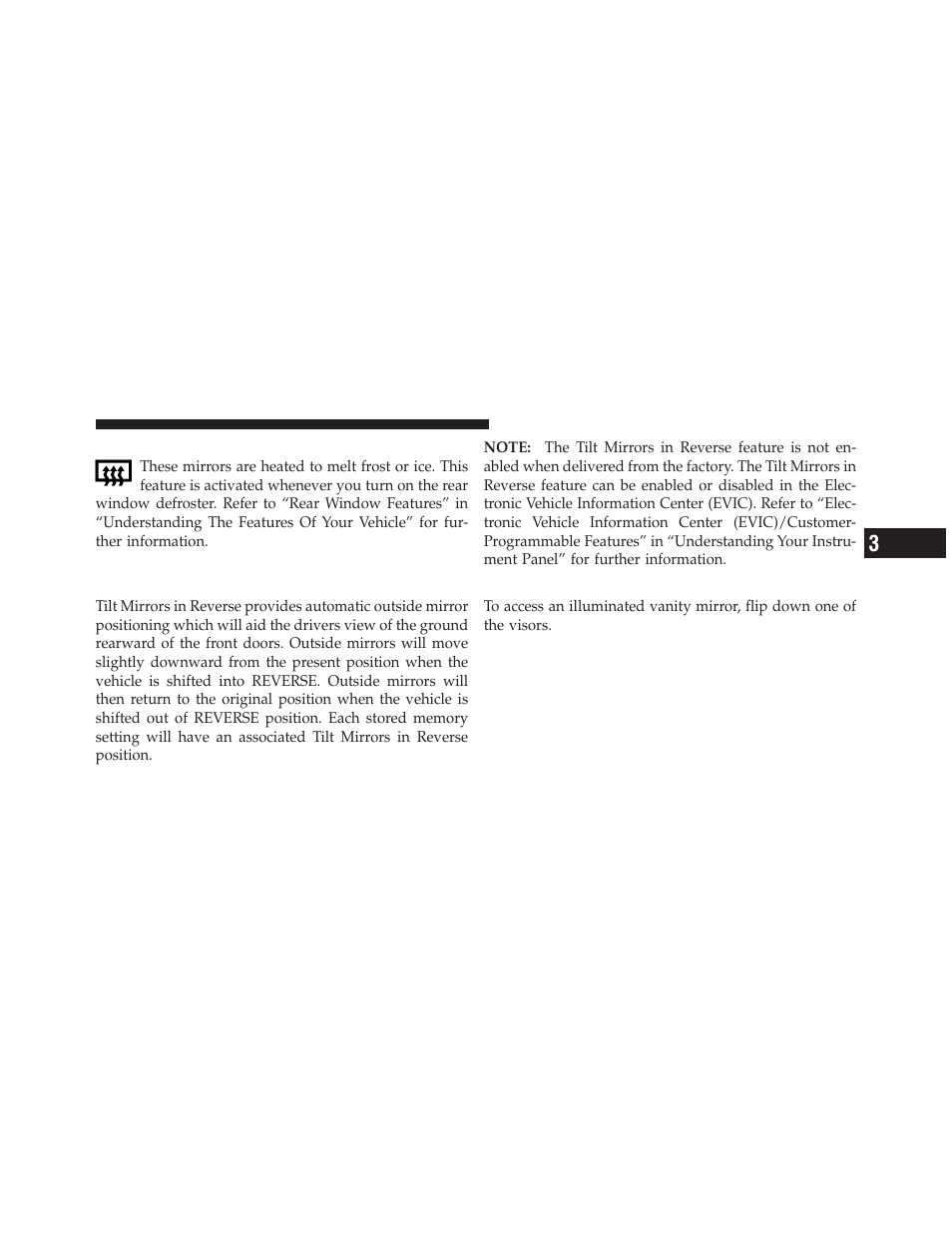 Heated mirrors — if equipped, Illuminated vanity mirrors, Tilt mirrors in reverse (available with | Memory seat only) — if equipped | Jeep 2012 Grand Cherokee - Owner Manual User Manual | Page 113 / 679