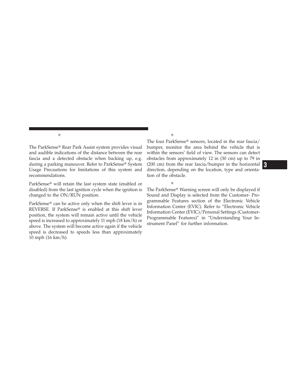 Parksenseĥ rear park assist — if equipped, Parksenseĥ sensors, Parksenseĥ warning display | Parksense௡ rear park assist — if equipped, Parksense௡ sensors, Parksense௡ warning display | Jeep 2012 Grand Cherokee - Owner Manual User Manual | Page 231 / 679