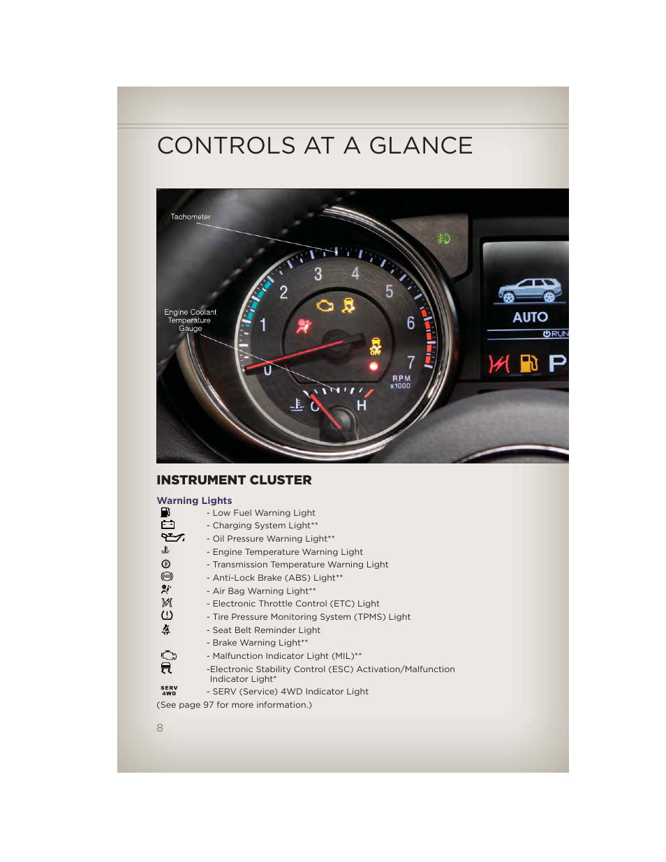 Instrument cluster, Warning lights, Controls at a glance | Jeep 2012 Grand Cherokee SRT - User Guide User Manual | Page 10 / 148