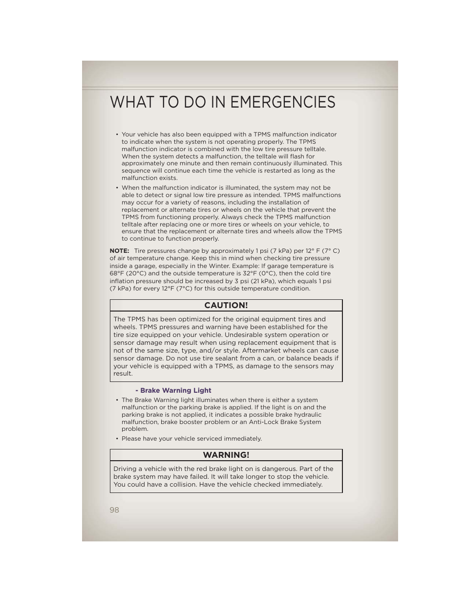 Brake warning light, What to do in emergencies | Jeep 2012 Grand Cherokee SRT - User Guide User Manual | Page 100 / 148