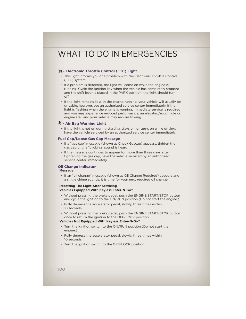 Electronic throttle control (etc) light, Air bag warning light, Fuel cap/loose gas cap message | Oil change indicator, What to do in emergencies | Jeep 2012 Grand Cherokee SRT - User Guide User Manual | Page 102 / 148