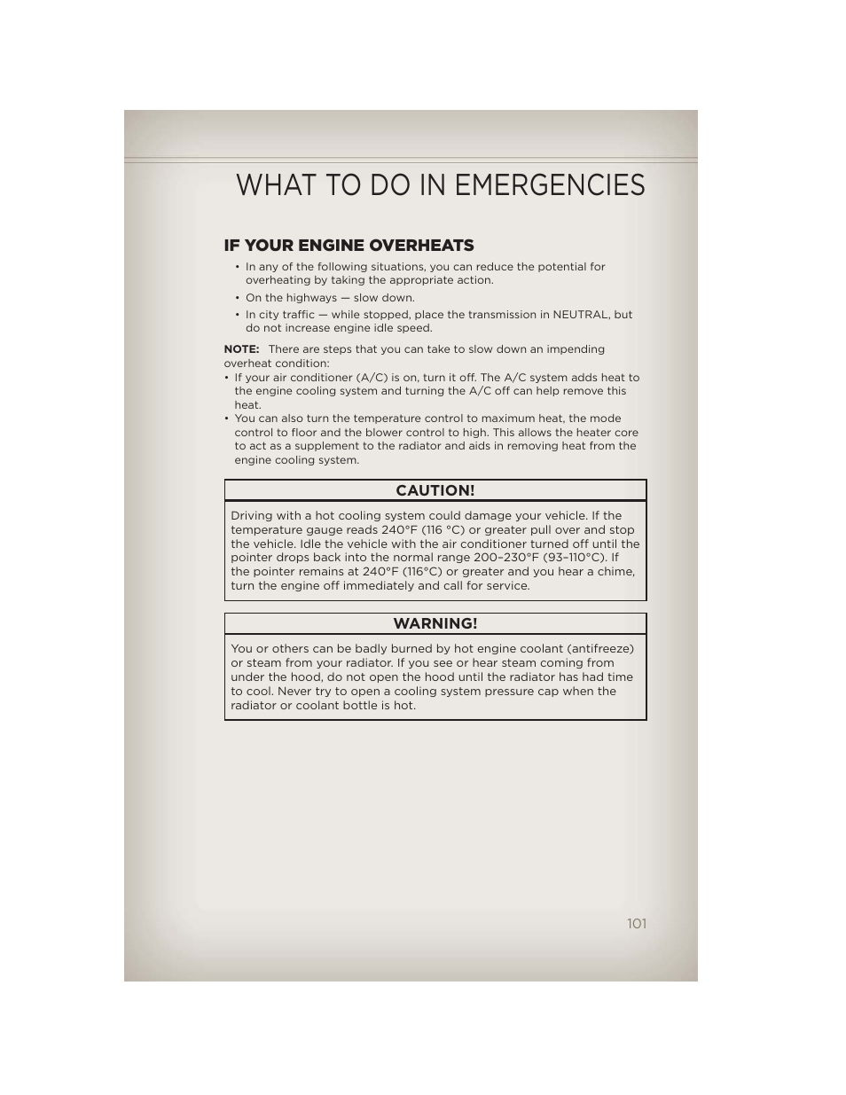 If your engine overheats, What to do in emergencies | Jeep 2012 Grand Cherokee SRT - User Guide User Manual | Page 103 / 148