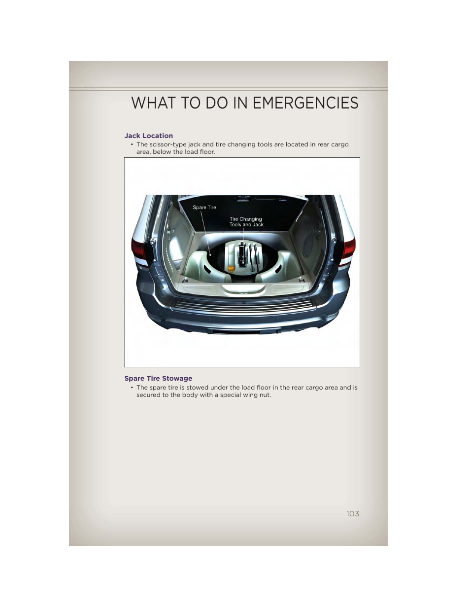 Jack location, Spare tire stowage, What to do in emergencies | Jeep 2012 Grand Cherokee SRT - User Guide User Manual | Page 105 / 148