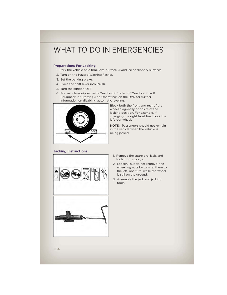 Preparations for jacking, Jacking instructions, What to do in emergencies | Jeep 2012 Grand Cherokee SRT - User Guide User Manual | Page 106 / 148