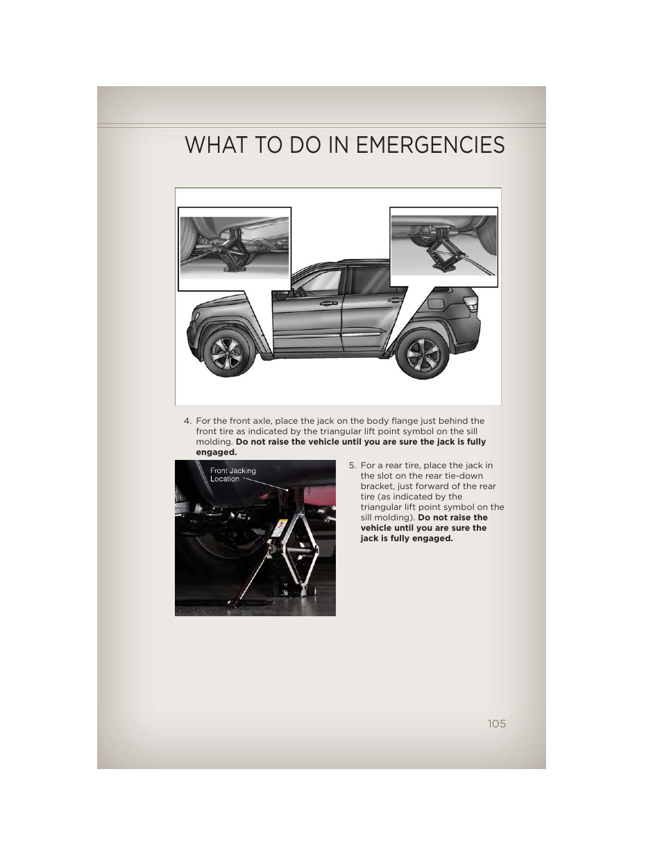 What to do in emergencies | Jeep 2012 Grand Cherokee SRT - User Guide User Manual | Page 107 / 148