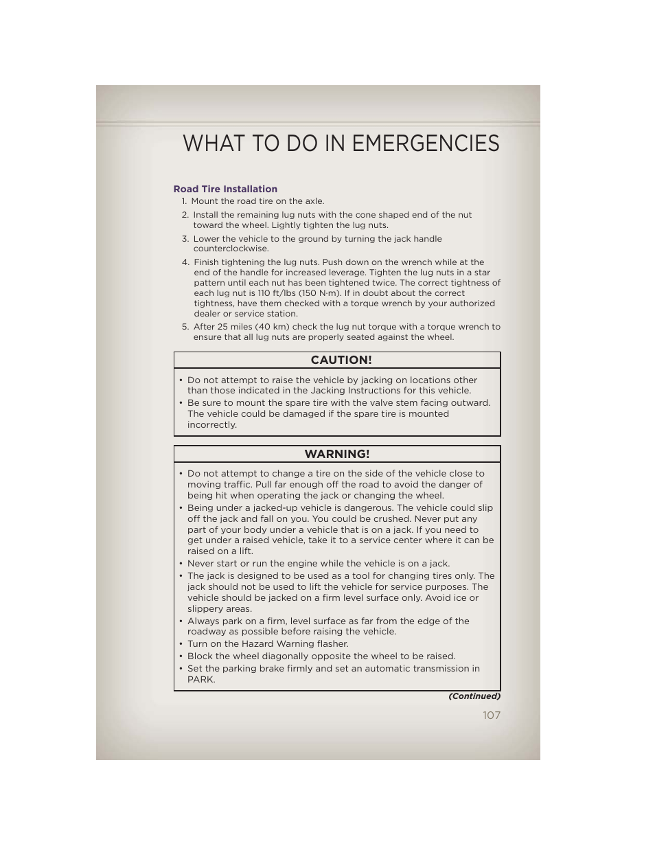 Road tire installation, What to do in emergencies | Jeep 2012 Grand Cherokee SRT - User Guide User Manual | Page 109 / 148