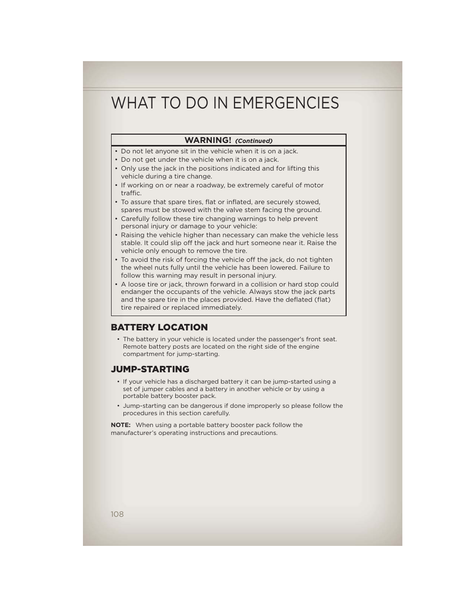 Battery location, Jump-starting, What to do in emergencies | Jeep 2012 Grand Cherokee SRT - User Guide User Manual | Page 110 / 148