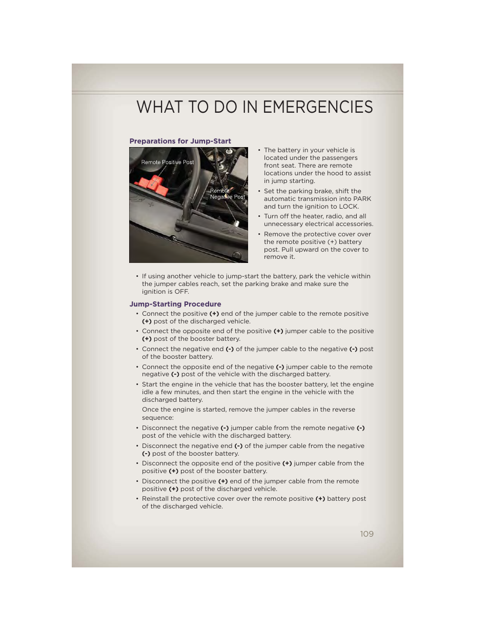 Preparations for jump-start, Jump-starting procedure, What to do in emergencies | Jeep 2012 Grand Cherokee SRT - User Guide User Manual | Page 111 / 148