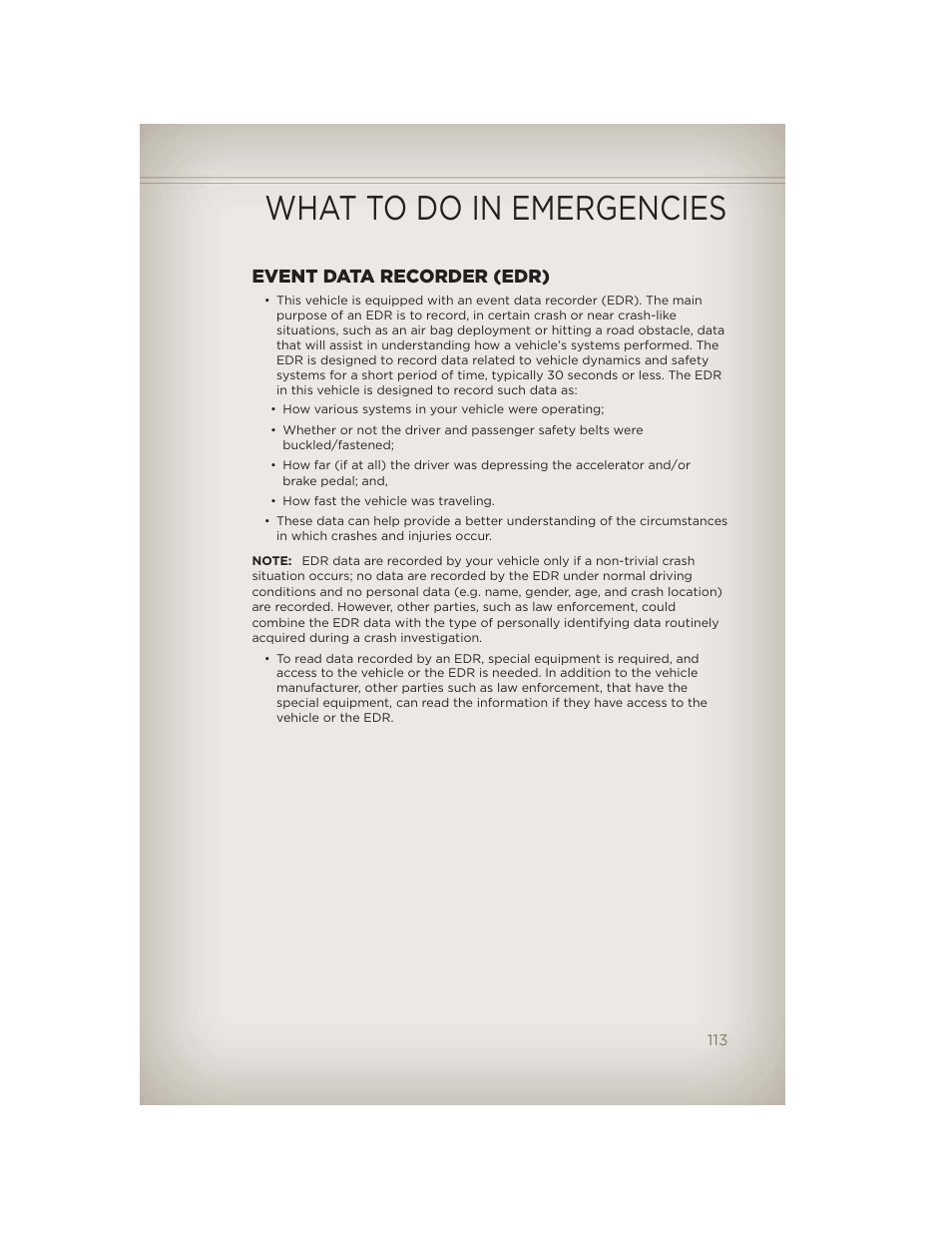 Event data recorder (edr), What to do in emergencies | Jeep 2012 Grand Cherokee SRT - User Guide User Manual | Page 115 / 148