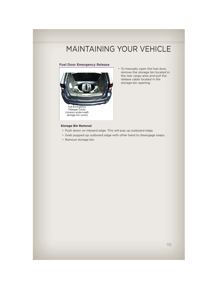 Fuel door emergency release, Maintaining your vehicle | Jeep 2012 Grand Cherokee SRT - User Guide User Manual | Page 117 / 148