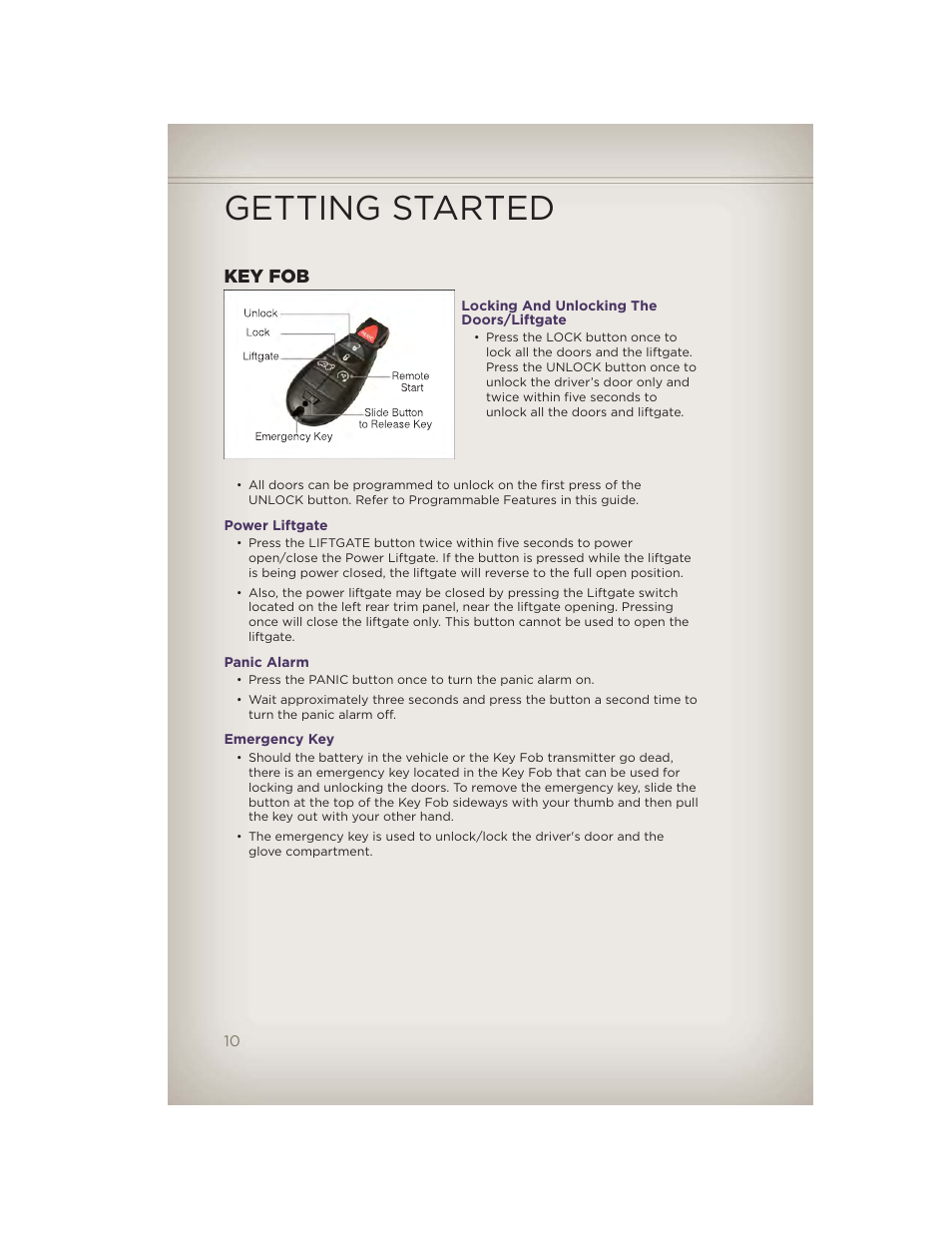 Getting started, Key fob, Locking and unlocking the doors/liftgate | Power liftgate, Panic alarm, Emergency key | Jeep 2012 Grand Cherokee SRT - User Guide User Manual | Page 12 / 148