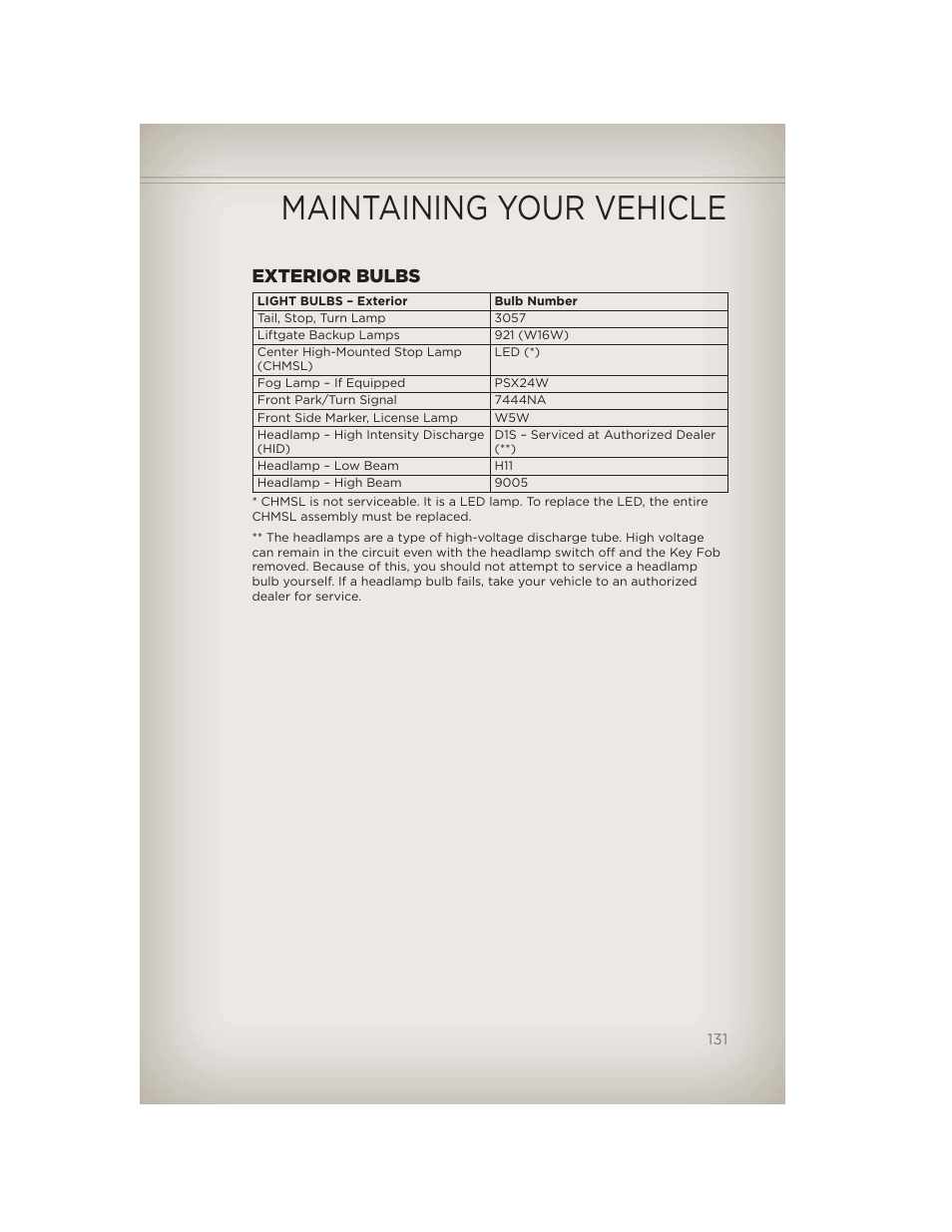 Exterior bulbs, Maintaining your vehicle | Jeep 2012 Grand Cherokee SRT - User Guide User Manual | Page 133 / 148