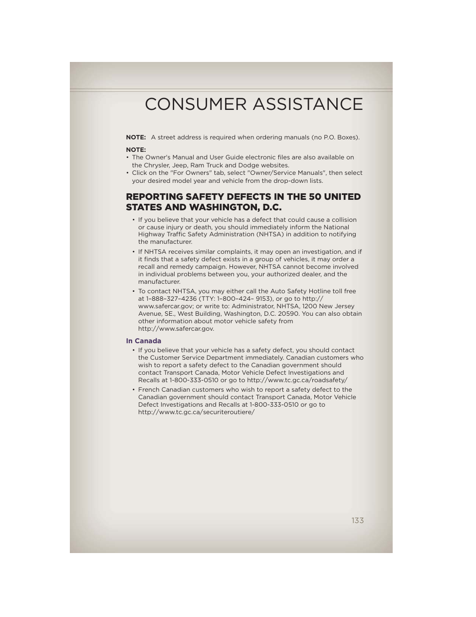 In canada, Consumer assistance | Jeep 2012 Grand Cherokee SRT - User Guide User Manual | Page 135 / 148