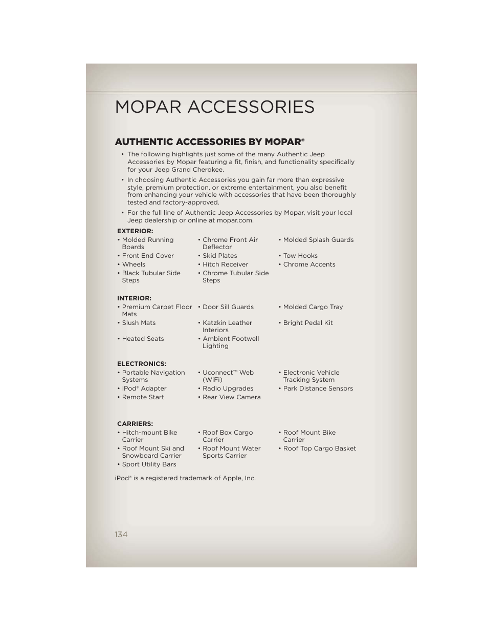 Mopar accessories, Authentic accessories by mopar | Jeep 2012 Grand Cherokee SRT - User Guide User Manual | Page 136 / 148