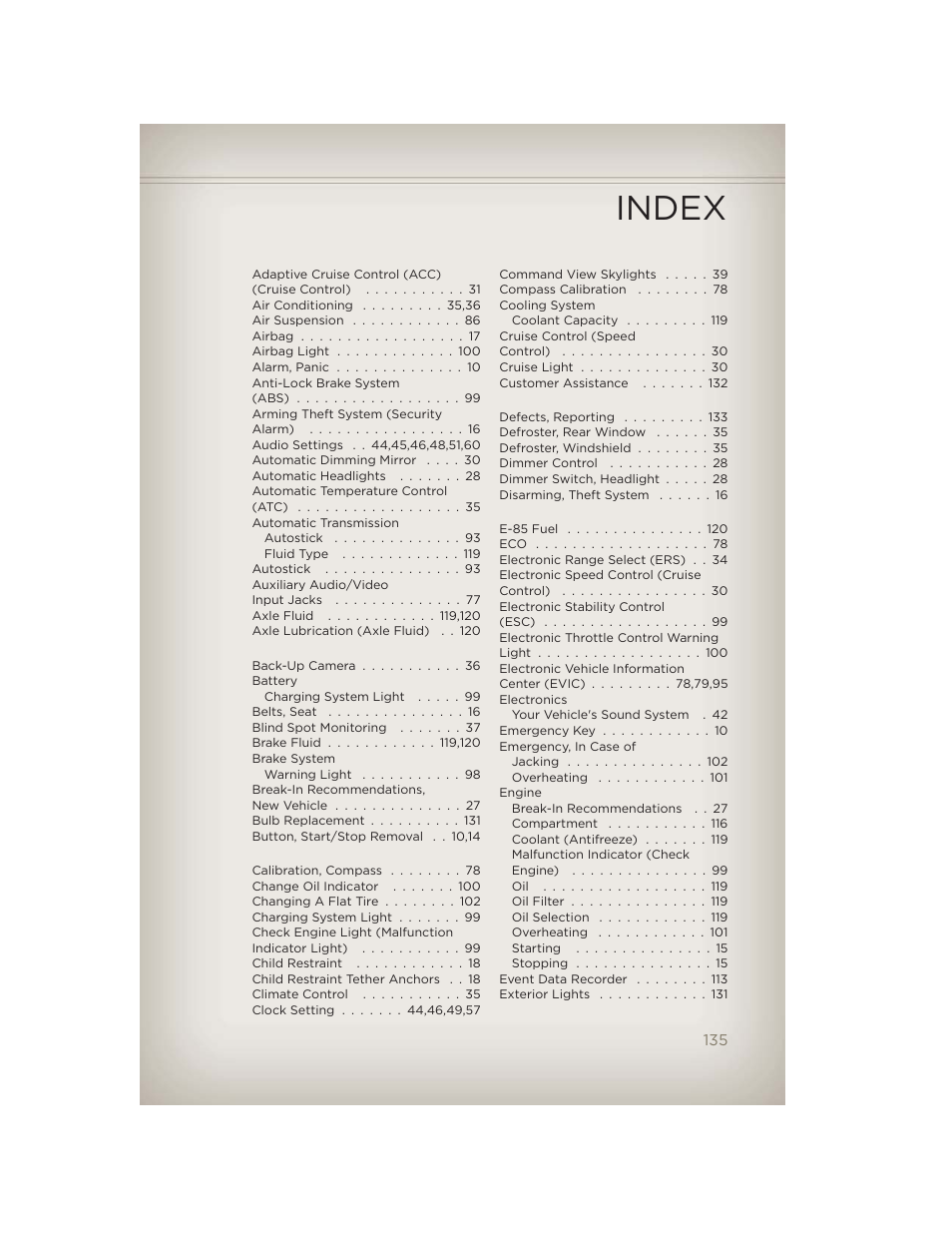 Index | Jeep 2012 Grand Cherokee SRT - User Guide User Manual | Page 137 / 148