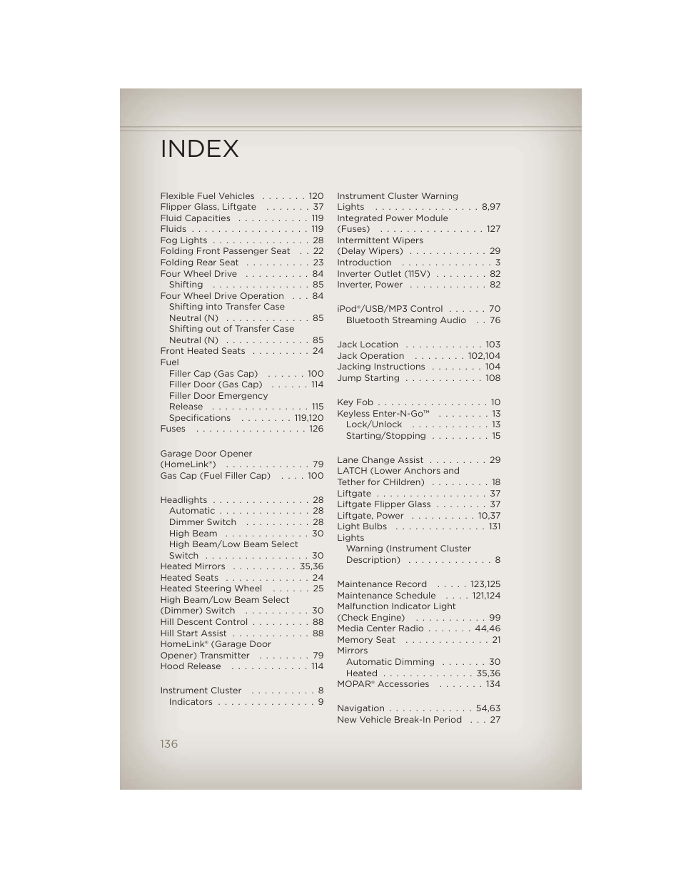 Index | Jeep 2012 Grand Cherokee SRT - User Guide User Manual | Page 138 / 148