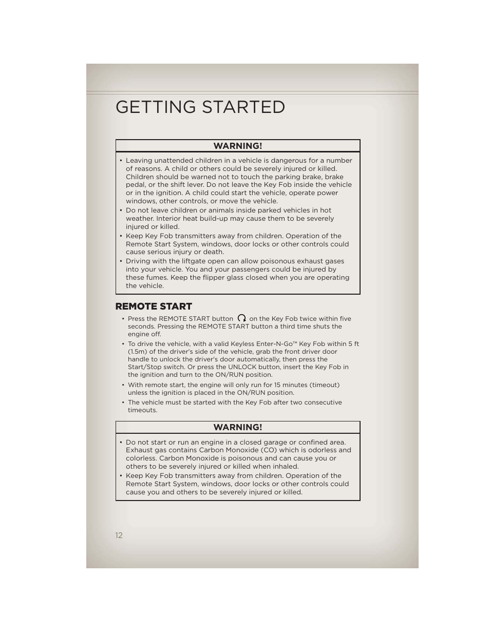 Remote start, Getting started, Warning | Jeep 2012 Grand Cherokee SRT - User Guide User Manual | Page 14 / 148