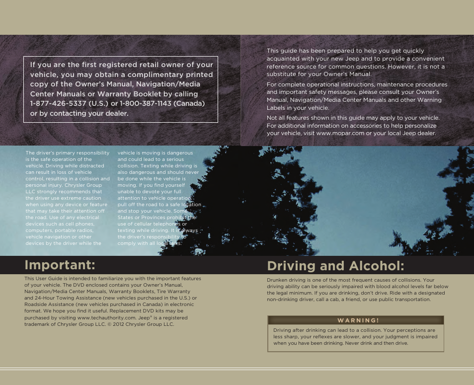 Important, Driving and alcohol | Jeep 2012 Grand Cherokee SRT - User Guide User Manual | Page 147 / 148