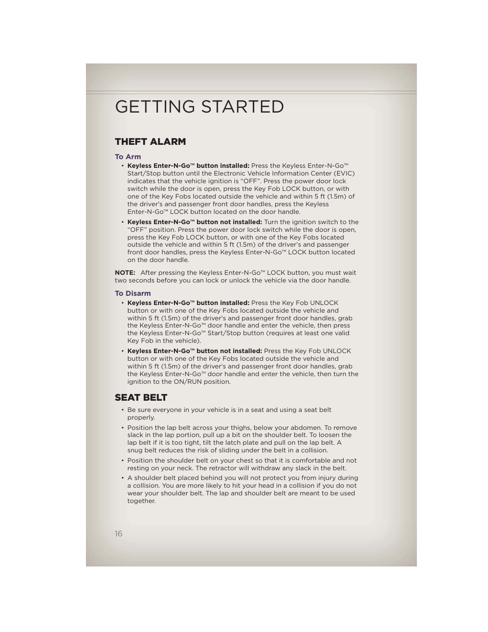 Theft alarm, To arm, To disarm | Seat belt, Getting started | Jeep 2012 Grand Cherokee SRT - User Guide User Manual | Page 18 / 148