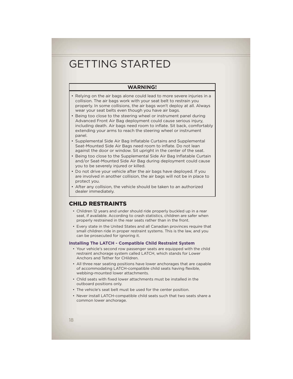 Child restraints, Getting started | Jeep 2012 Grand Cherokee SRT - User Guide User Manual | Page 20 / 148