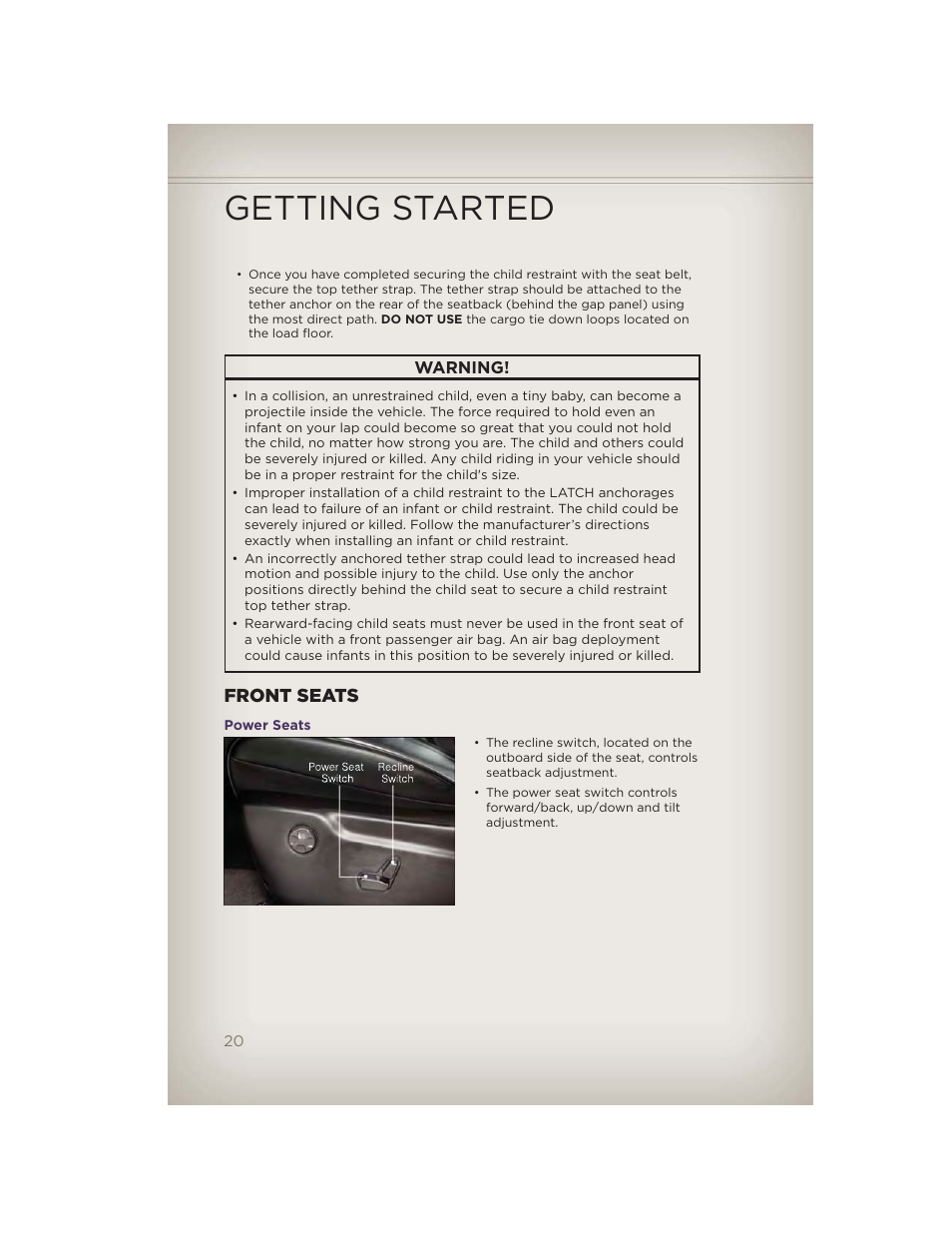 Front seats, Power seats, Getting started | Jeep 2012 Grand Cherokee SRT - User Guide User Manual | Page 22 / 148