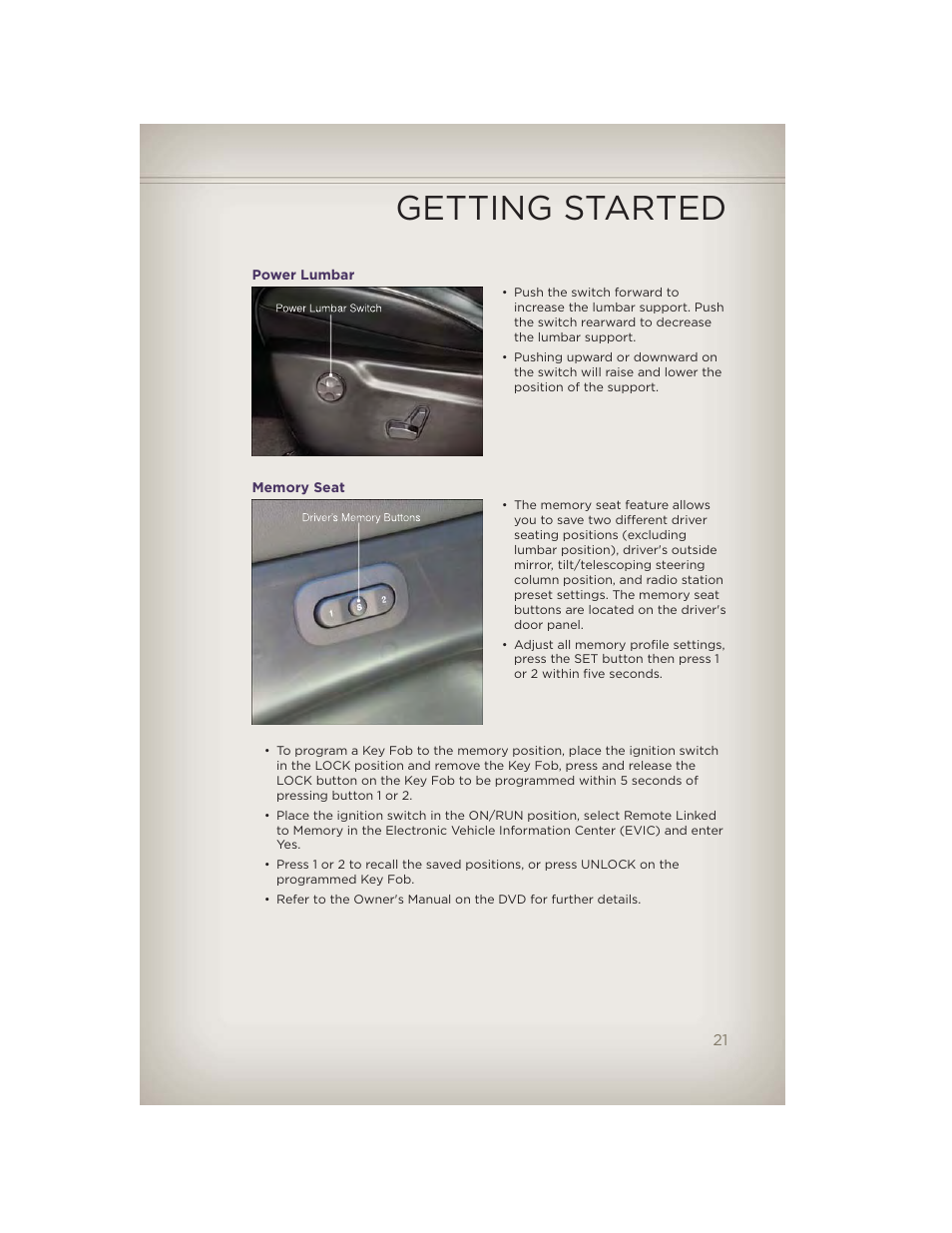 Power lumbar, Memory seat, Getting started | Jeep 2012 Grand Cherokee SRT - User Guide User Manual | Page 23 / 148